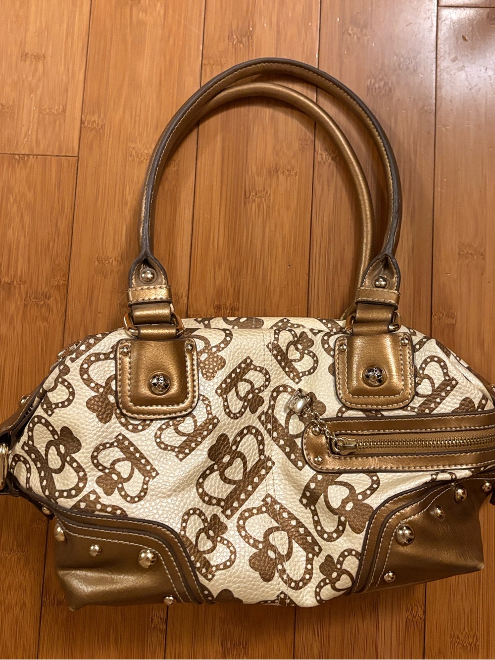 Kathy Van Zeeland Cream and Metallic Brown Patterned Satchel